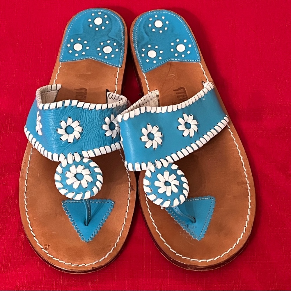 Steven Salario Blue White Gingham Whipstitch Sandals